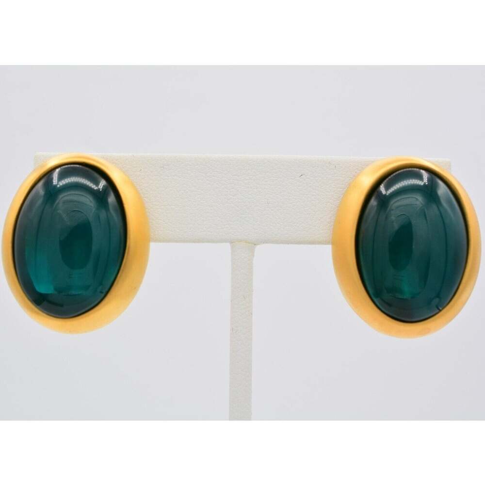 Givenchy Vintage Cabochon Clip On Earrings Teal Brushed Gold Chunky Signed BinAY